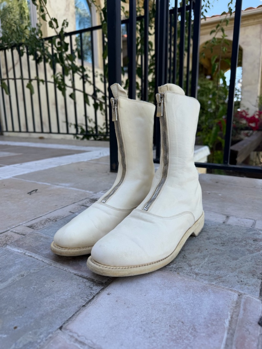 Guidi White Front-Zip Leather Mid-Calf Boots